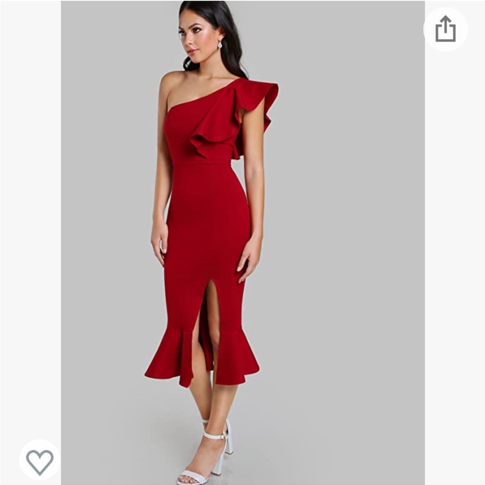 Florens Red Bodycon one shoulder midi dress with slit - Picture 2 of 8